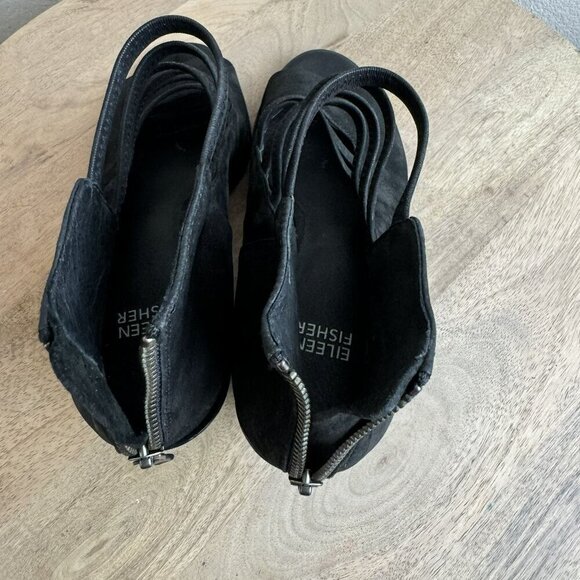 Eileen Fisher James Black Suede‎ Heeled Sandals Peep Toe Strappy Back Zip 8.5 - Picture 9 of 11